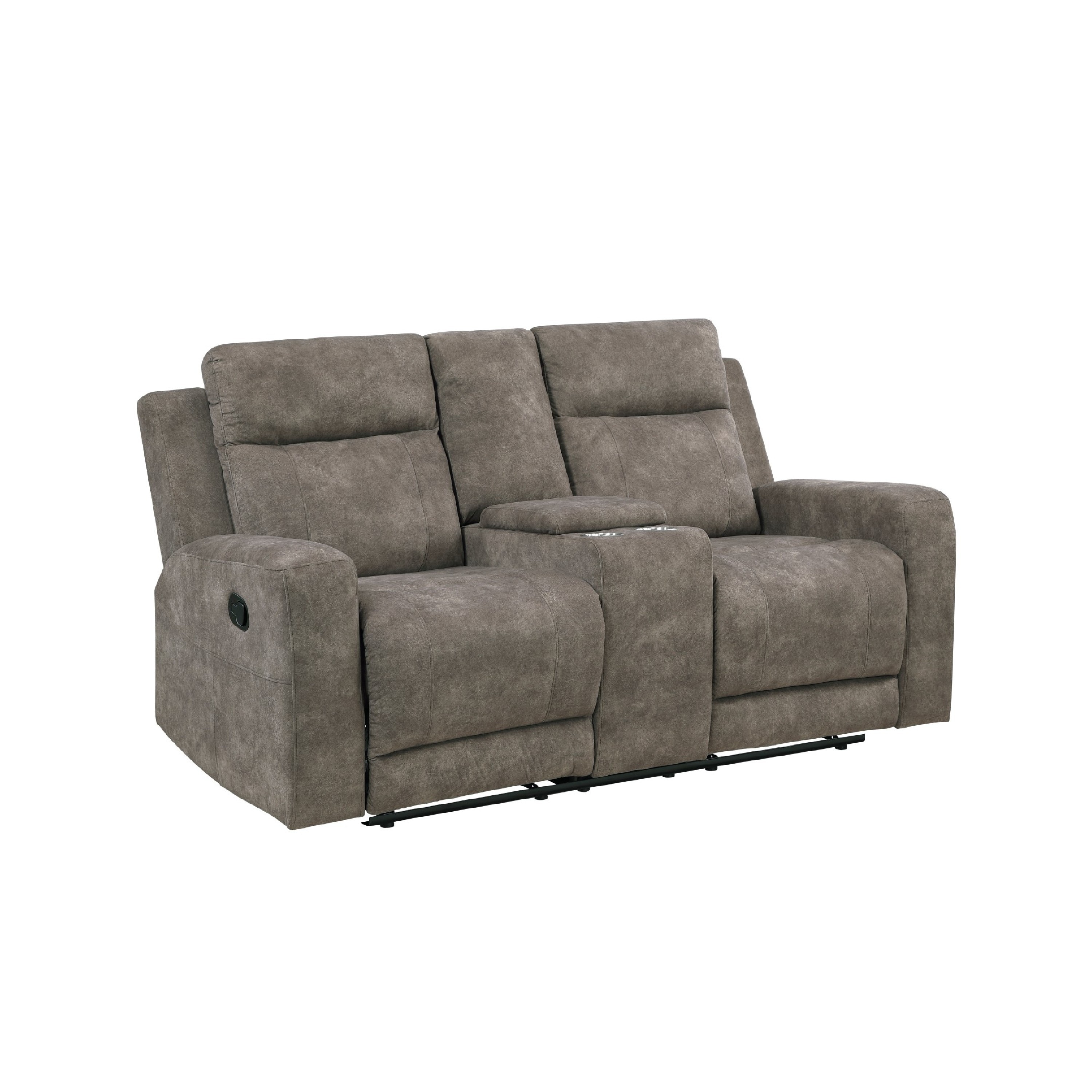 Benjara Diti Manual Reclining Loveseat w Console, Cupholders, Brown Microfiber