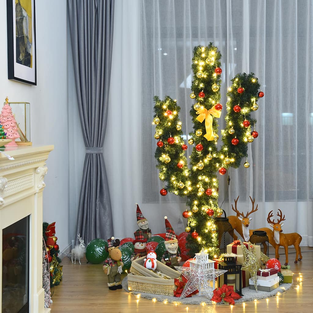 Gymax 5ft Artificial Pre-Lit Cactus Christmas Tree w/ Metal Stand Ball - See Details