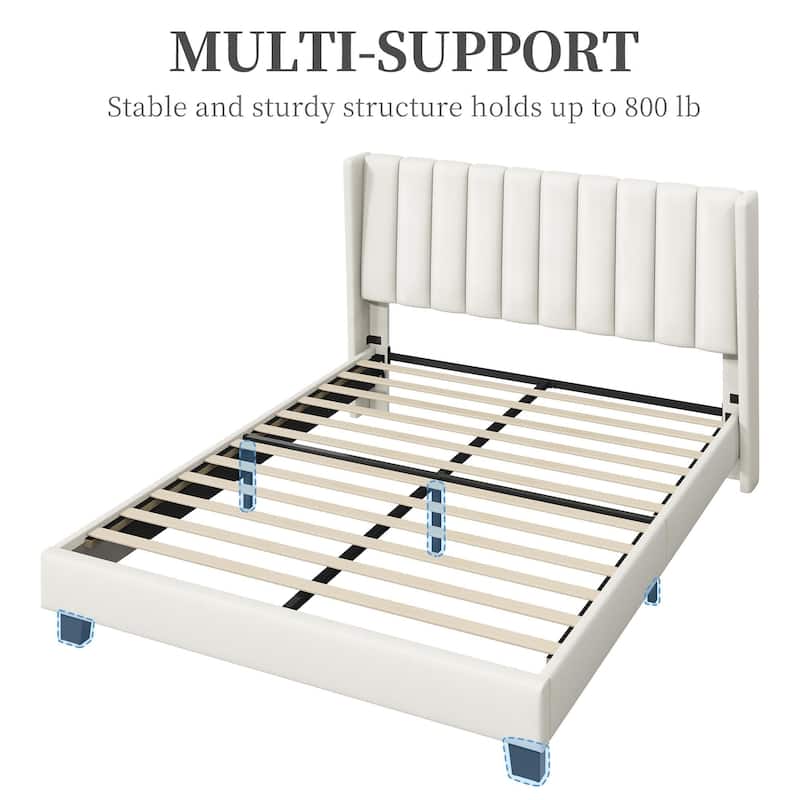 Full Bed Frame Upholstered Platform Bed with Fabric Headboard, Wing Edge/Wooden Slats Support/No Box Spring Needed