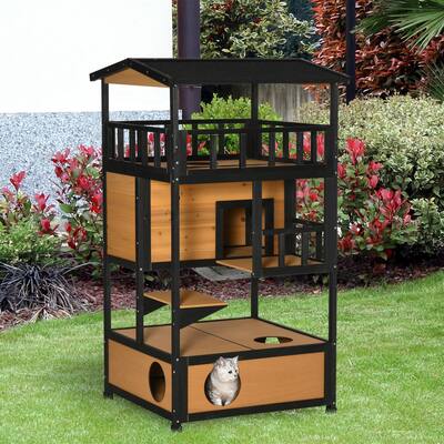 PawHut Solid Wood 4-Floor Cat Condo 4-Floor Villa with Litter Box Space - 30.75" x 30" x 55"