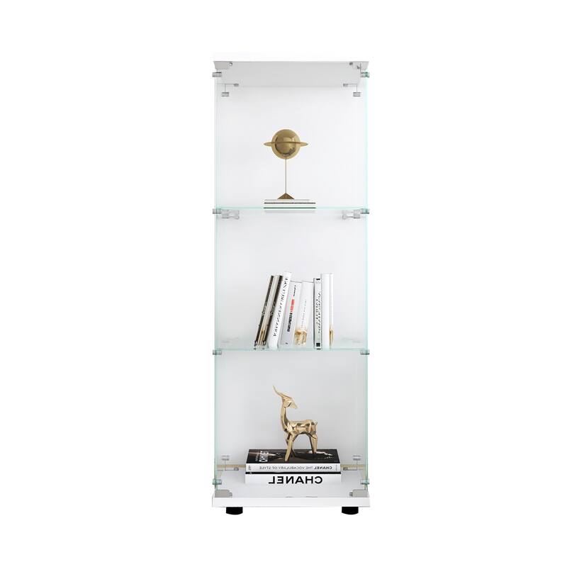 One-Door Glass Display Cabinet with 3 Shelves, Floor Standing Curio Bookshelf with Tempered Glass for Living Room Bedroom Office