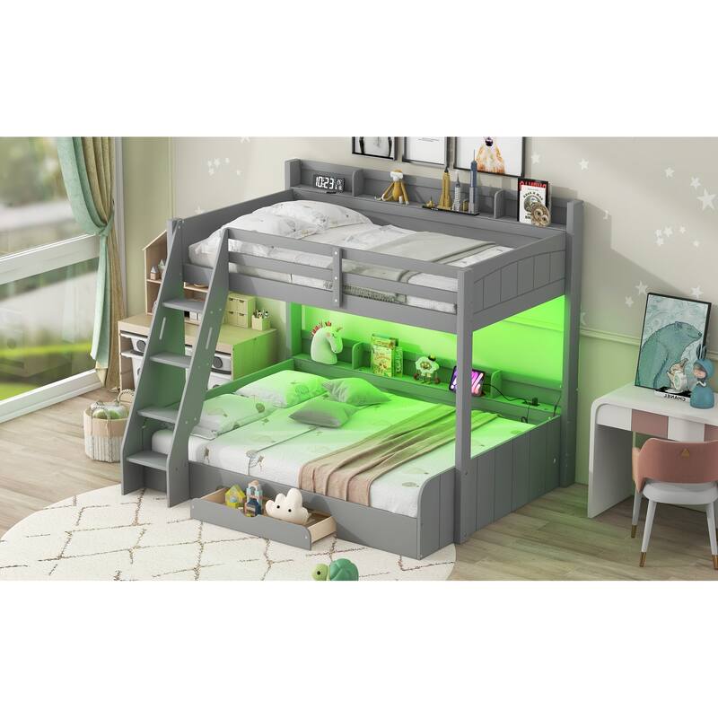 Twin/Full Bunk Bed with Storage - Includes LED Lights, Charging Station & Drawers, Ideal for Kids' Rooms & Guest Spaces
