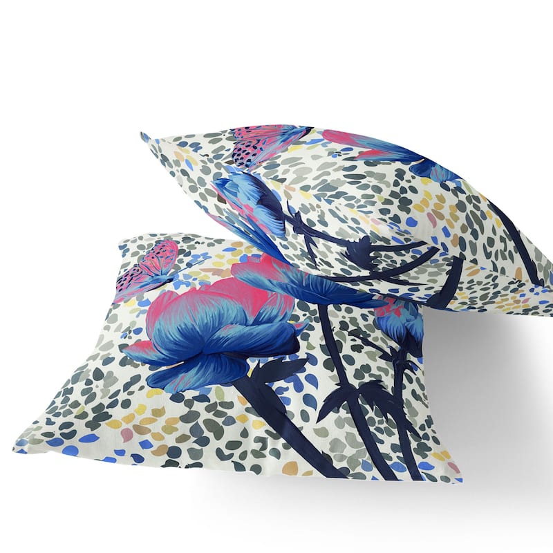 HomeRoots Set of Two 16" X 16" Blue and Pink Butterfly Blown Seam Floral Indoor Outdoor Throw Pillow - 16.00' X '16.00' X '5.00