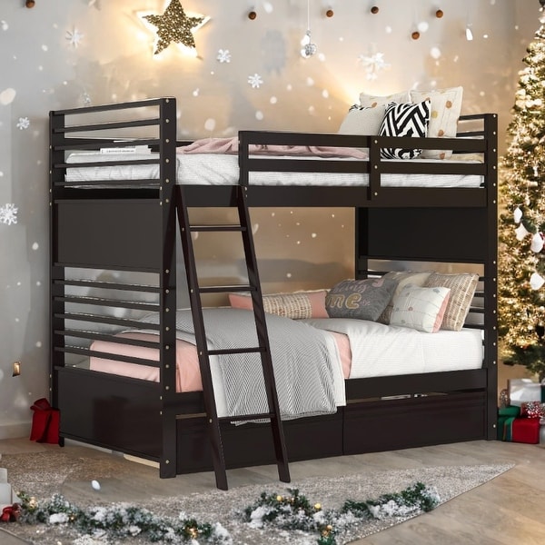 slide 2 of 20, Twin over Twin Classic Wooden Bunk Bed with 2 Drawers,Space-Efficient Multifunctional Bunk Bed with Storage Espresso