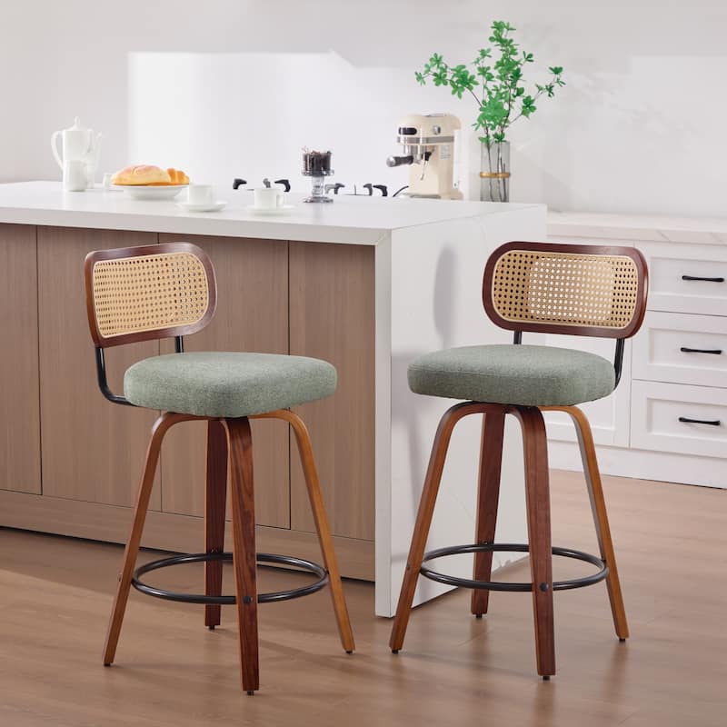 Linen Upholstered Swivel Bar Stools Set of 2, Counter Height Bar Stools with Rattan Back, Kitchen Island Chairs with Footrest