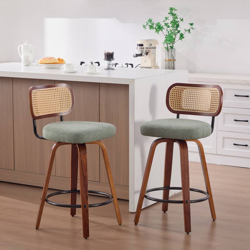 Roomfitters Upholstered Swivel Bar Stools Set of 2 with Rattan Back and Wood Legs, Modern Counter Height Dining Chairs