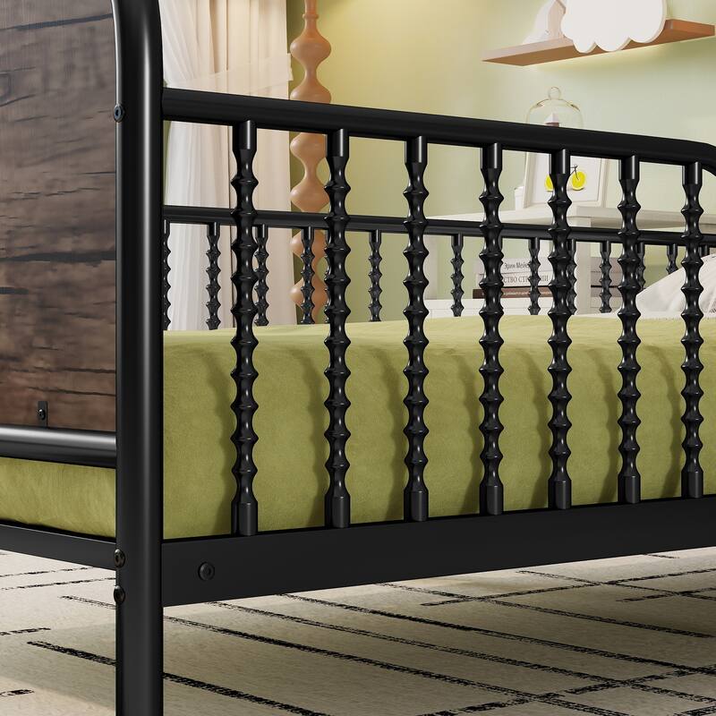 Kids Platform Bed Metal Frame with Linen Fabric Upholstered Storage Headboard Built-in Light Strip, Both Sides Rails
