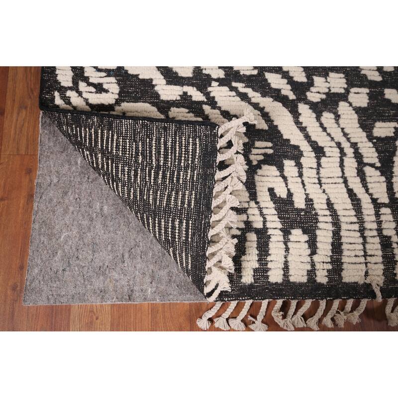 All-Over Black & Ivory Moroccan Abstract Area Rug Handmade Wool Carpet - 8'0"x 10'2"