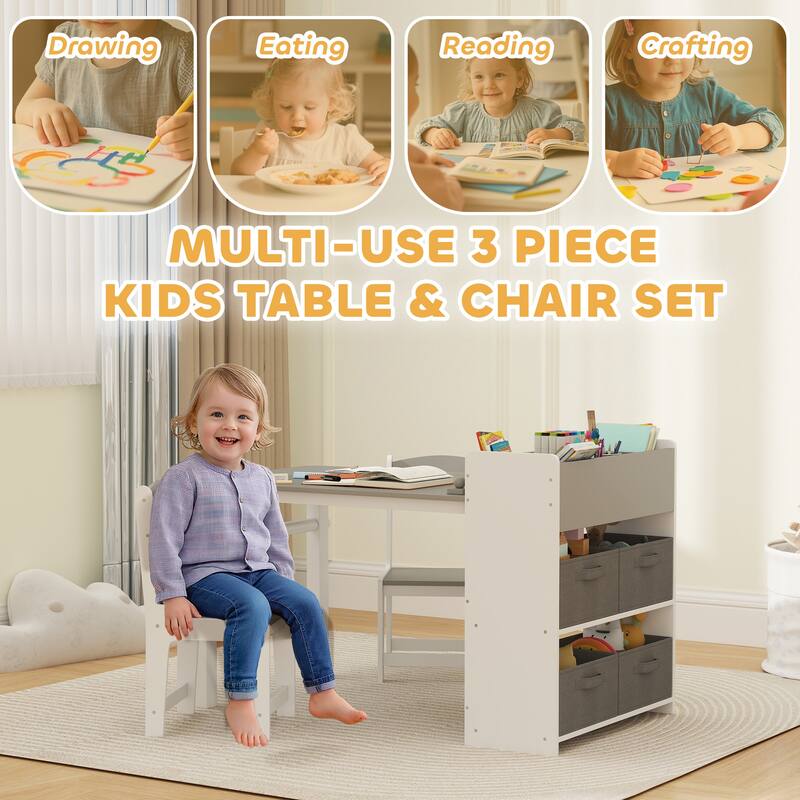 Kids Activity Table and Chair Set with Storage Drawers Paper Roll Gray White Multi-Functional Craft
