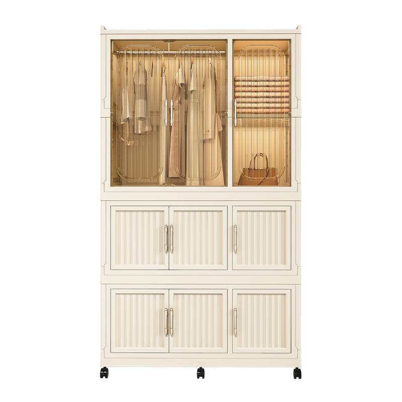 Cream White ABS Portable Wardrobe with Hanging Rods, Cubes and Magnet Doors - 36.22 x 17.72 x 62.2 in (L x W x H)