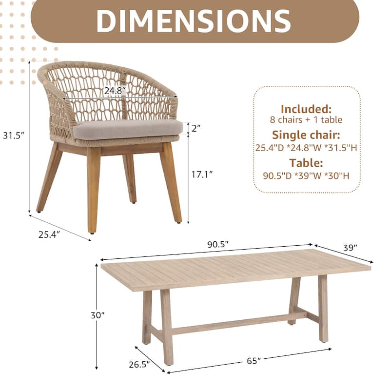 Outdoor 9-Piece Woven Rope Dining Chair and Wood Table Set