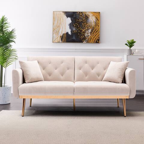 Modern 2 Seater Manual Recline Sofabed Velvet Tufted Back&Seat Accent Loveseat with 2 Pillows and Rose Gold Metal Legs