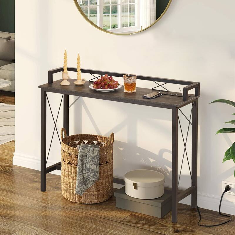 Console Table with 2 Outlet and 2 USB Ports,Entryway Table Narrow Charging Station Sofa Table - 39.4 Inches - Charcoal Grey
