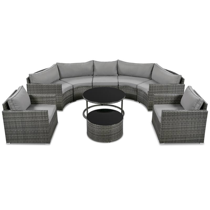 9-Piece Half-Moon Wicker Patio Sofa Set with Cushions and Two Round Coffee Tables