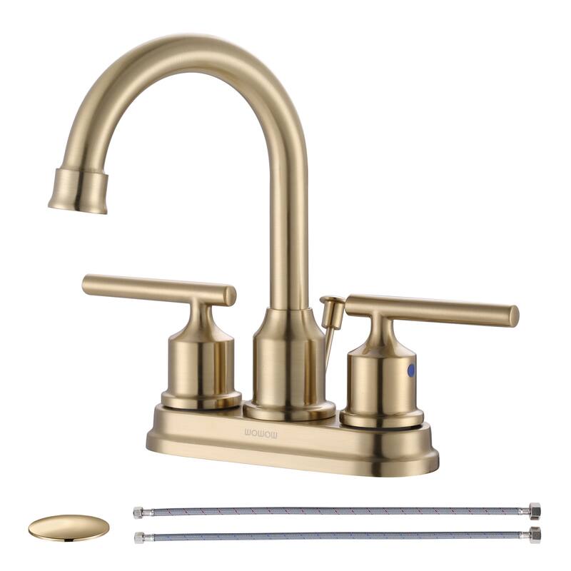 WOWOW 4 in. Centerset Double Handle Bathroom Faucet with Drain Kit Included - Brushed Gold