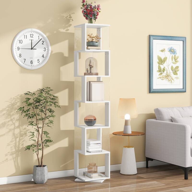 6 tier Rotating Bookshelf, Floor Rack Simple Bookcase with Acrylic plate Student Multi-Function Creative Bookshelf