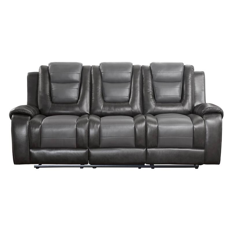 Istro 86 Inch Dual Manual Recliner Sofa, Drop Table, Gray Faux Leather