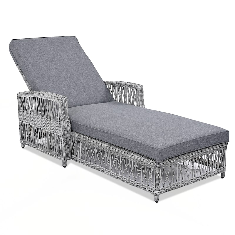 Outdoor Long Reclining Chaise, Wicker Lounge with Armrests, Patio Adjustable Recliner with Soft Removable Cushions