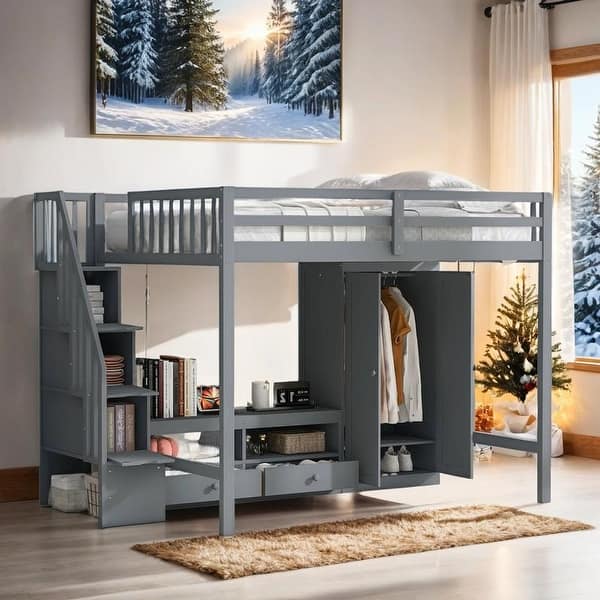slide 2 of 28, Multi-Functional Full Size Loft Bed Frame with Wardrobe, Low Storage Table and Storage Staircase, Health & Safe Grey