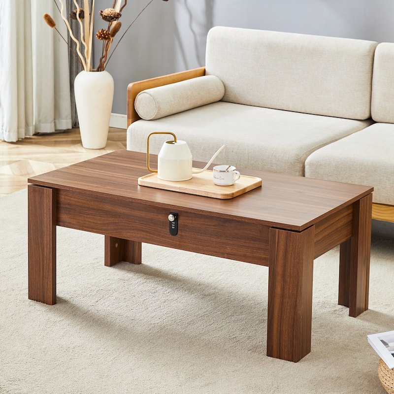Modern Storage Coffee Table with Password Secure Lock and Hidden Push Pull Drawer for Firearms, Wine and Essentials