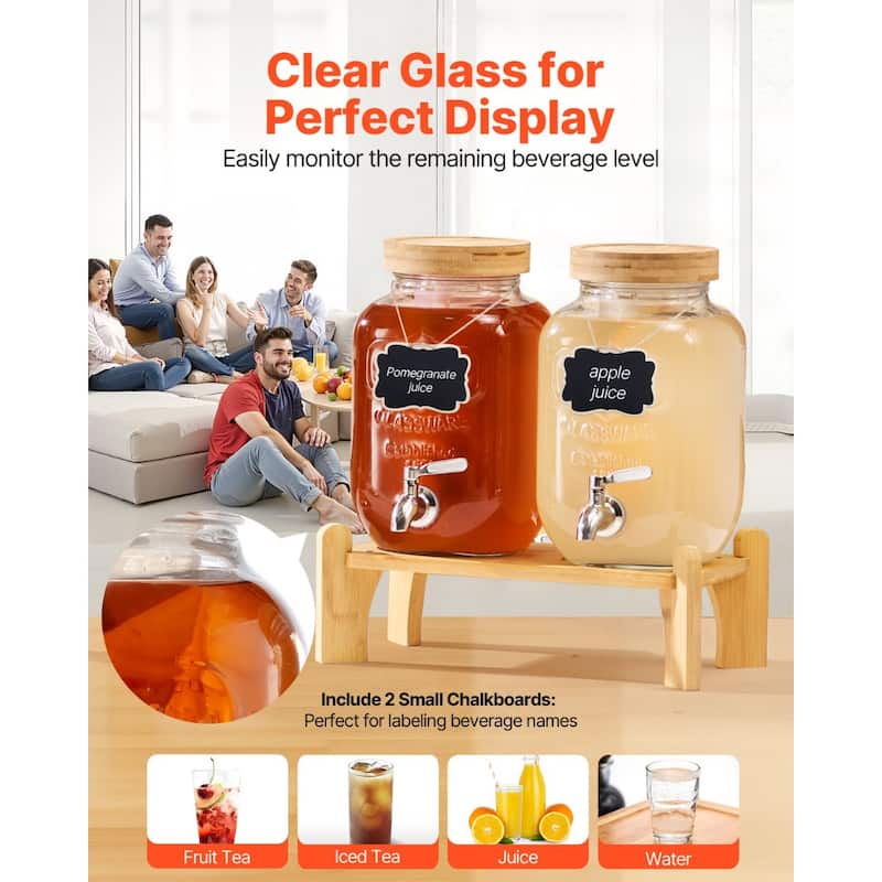 Transparent Glass Dual Cylinder Beverage Dispenser with Wood Stand and Chalkboards - 11.8 x 5.9 x 9.6 in