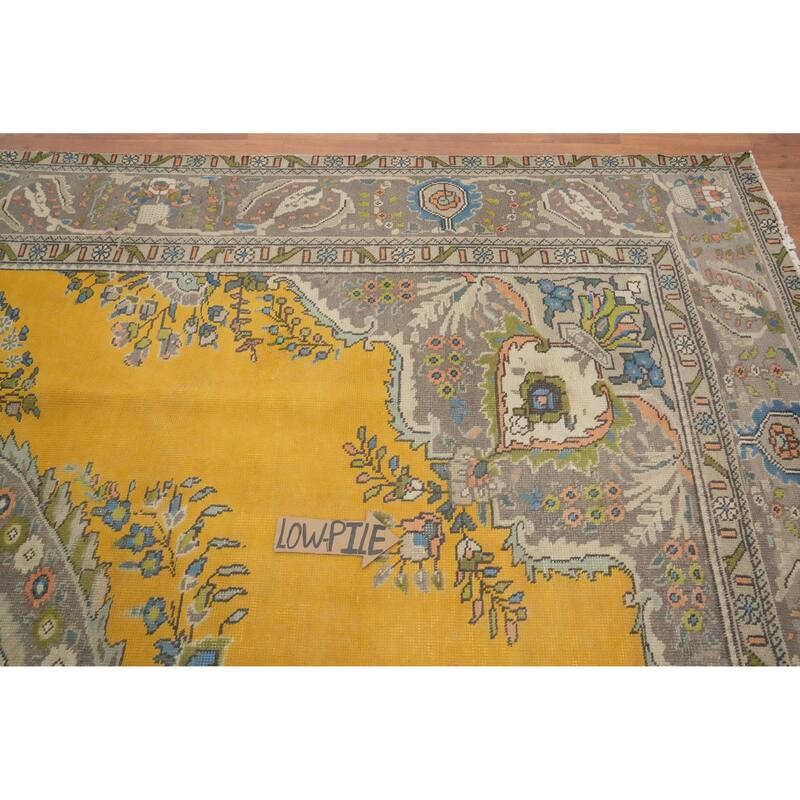 Hand Knotted Oriental 100% Wool Carpet Traditional Floral Yellow & Gold Tabriz Area Rug - 12' 6'' X 9' 6''