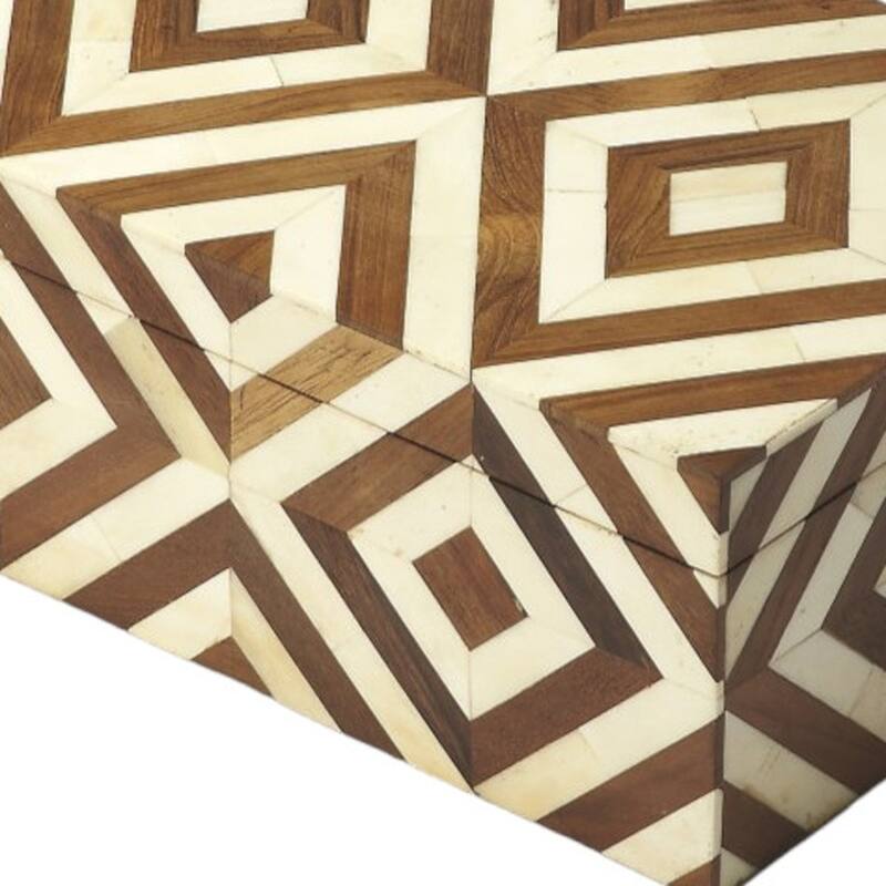 HomeRoots 12" Brown And Ivory Wood And Bone Inlaid Geometric Storage Box - 21" W x 3.5" H x 11.5" D