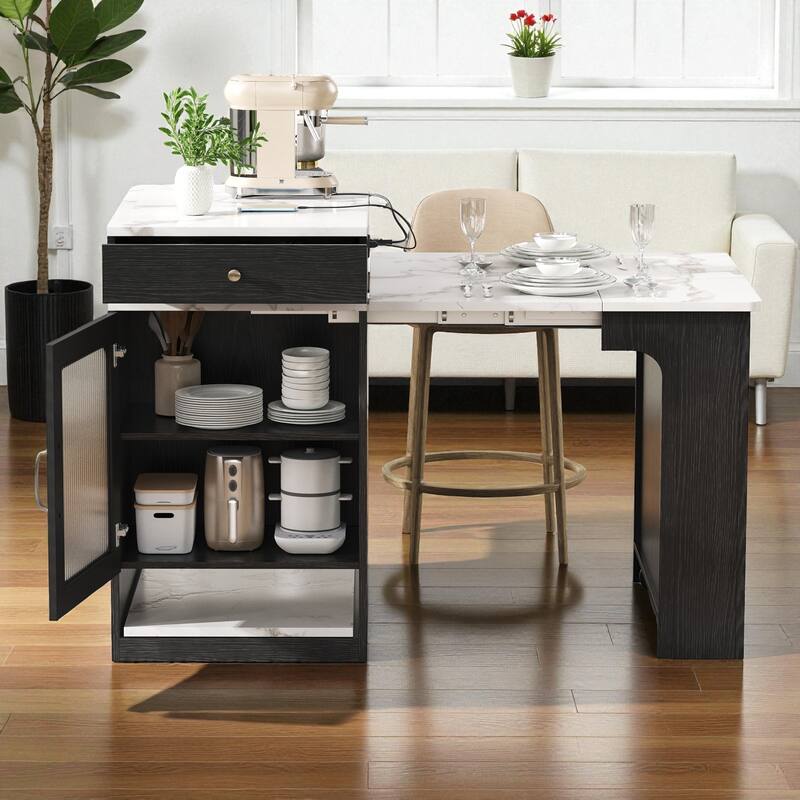 59.5" Kitchen Island with Extendable Table, Double-Sided Storage, Power Outlet, Drawers and Shelves