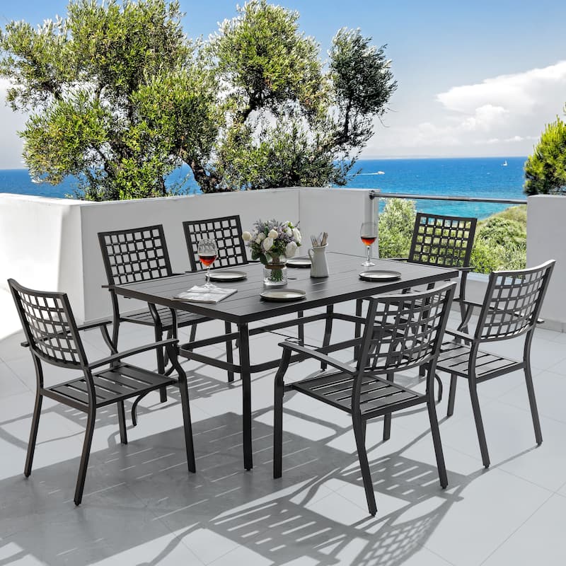 Outdoor 7-Piece Dining Set with 1.57 Inch Umbrella Hole, Iron Frame, Black