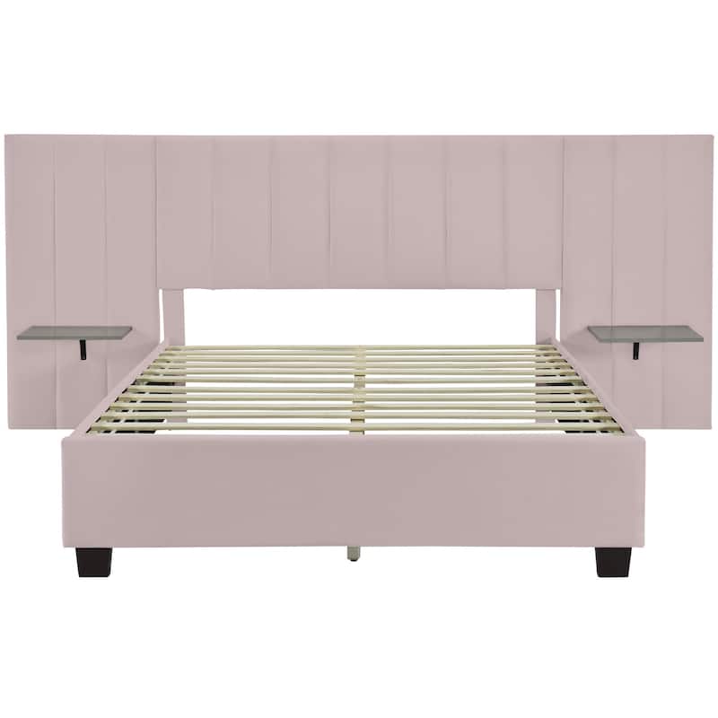 HomeRoots Pink Tufted Velvet Upholstered Lighted Queen Bed Frame