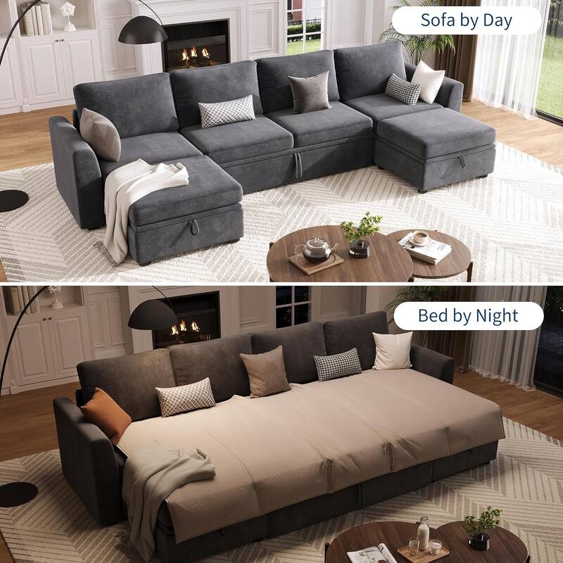 Sectional Sleeper Sofa with Pull Out Bed, Chenille Modular Sectional Couch