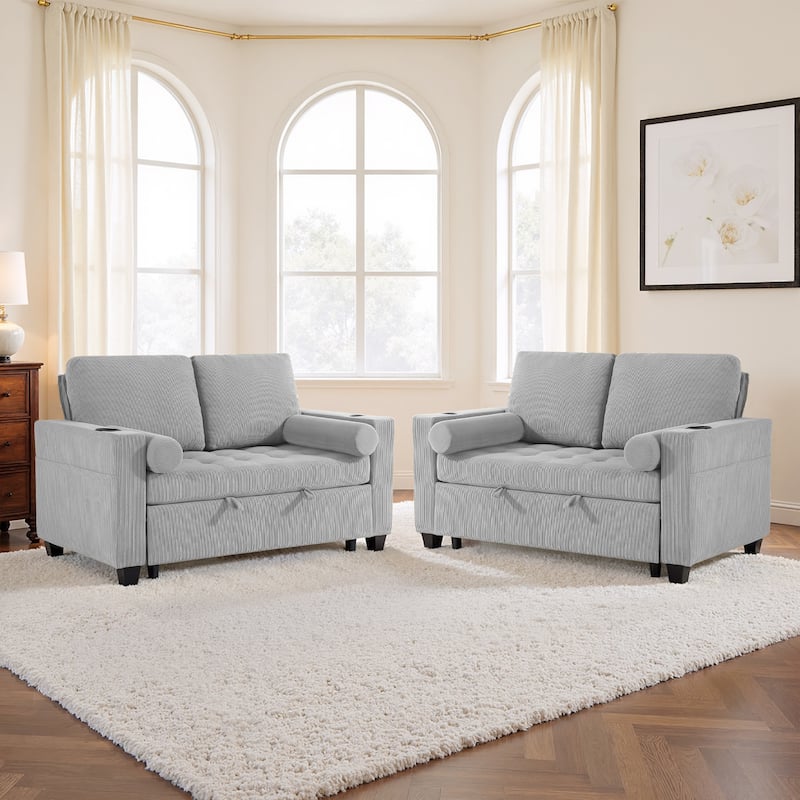 2 Set Corduroy Convertible Sleeper Sofa Bed Loveseats with Cup Holder, USB Ports & Storage