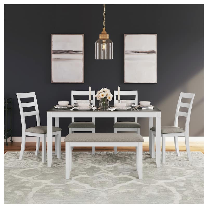 Signature Design by Ashley Stonehollow White and Gray Dining Table and Chairs with Bench (Set of 6) - 60"W x 36"D x 30"H - White/Grey