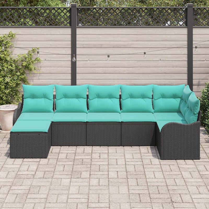 vidaXL 7 Garden Sofa Set with Cushions Black Poly Rattan - 113.2 x 48.2 x 27.2