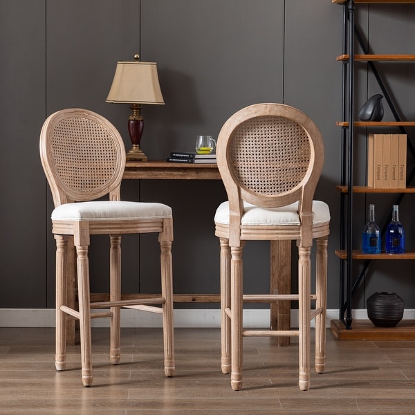 2pcs French Wooden Barstools Rattan Back With Upholstered Seating