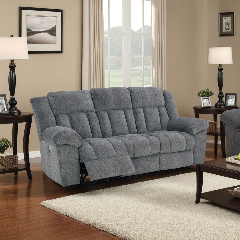 Kendy Power Recliner Sofa, Adjustable Headrest, Gray Polyester 91 Inch
