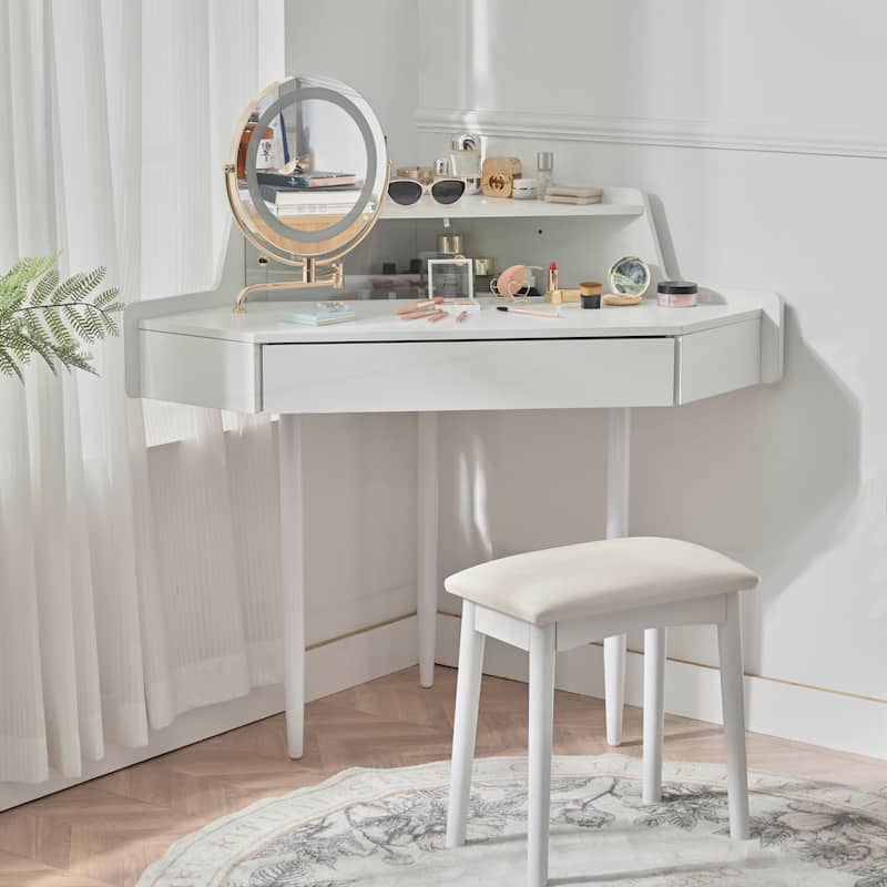 Modern Corner Makeup Vanity Desk with Large Storage - White