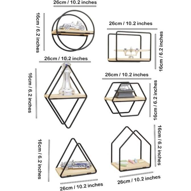 Set of 6 Geometric Wall Shelves - Floating Wooden Wall Decor