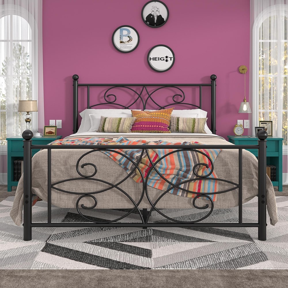 VECELO Metal Bed Frame with High Headboard and Footboard, Platform Beds with Heavy Duty Mattress Foundation