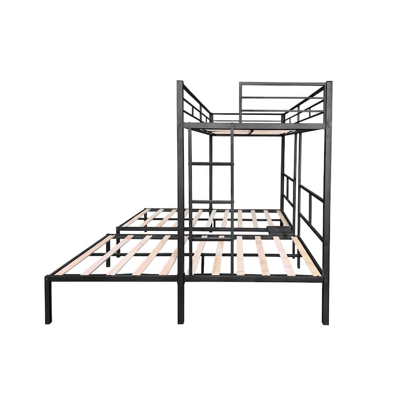 Space-Saving Triple Bunk Bed with Metal Frame, Wooden Slats, and Safety Guardrails