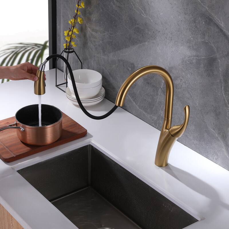 360 Degree Swivel Pull Down Kitchen Sink Faucet, Two Functions Brushed Gold Single Handle Kitchen Faucet