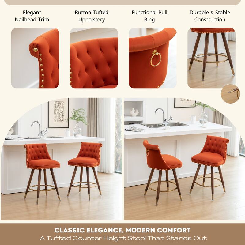 Set of 2 Button-Tufted Counter Stools with Nailhead Trim