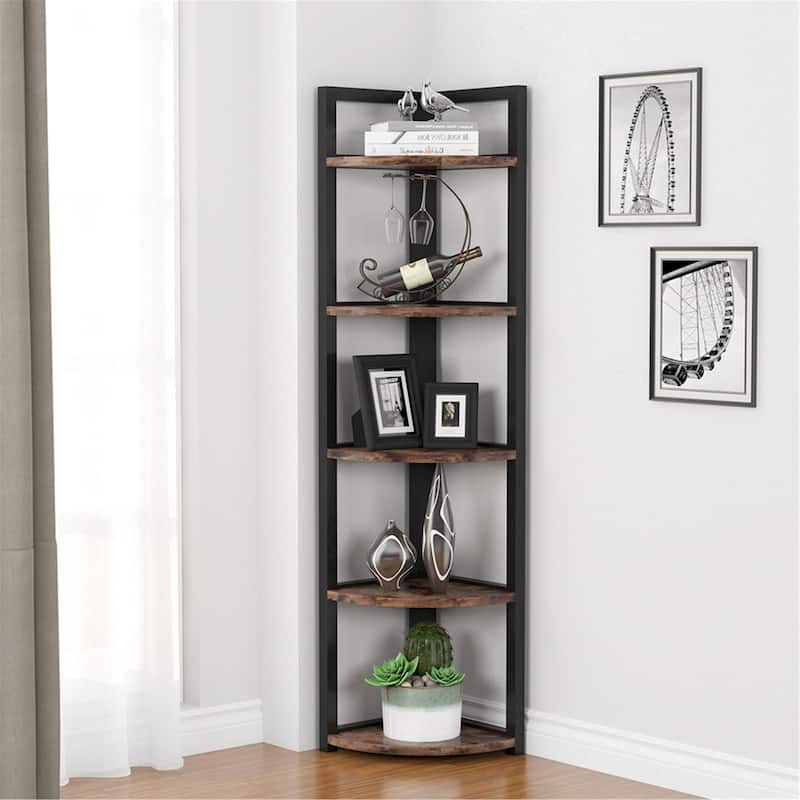 5 Tier Corner Shelf, Rustic Corner Storage Rack Plant Stand - Rustic Brown