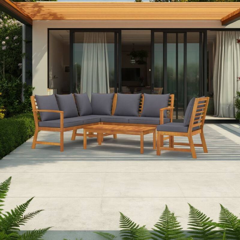 Roma 5pc Outdoor Modular Sofa Set, Dark Gray, Brown Wood Coffee Table