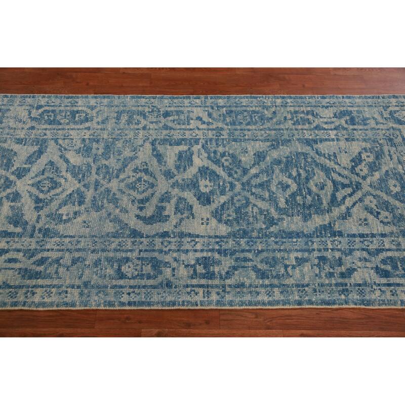 Hand Knotted Oriental 100% Wool Carpet Transitional All-Over Navy Blue & Blues Oushak Runner Rug - 17' 4'' X 3' 2''