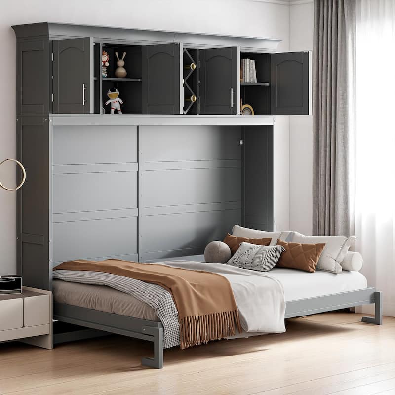 Queen Murphy Bed with Upper Cabinets and Wine Rack, Space-Saving Foldable Wall Bed with Slats - Grey - Queen