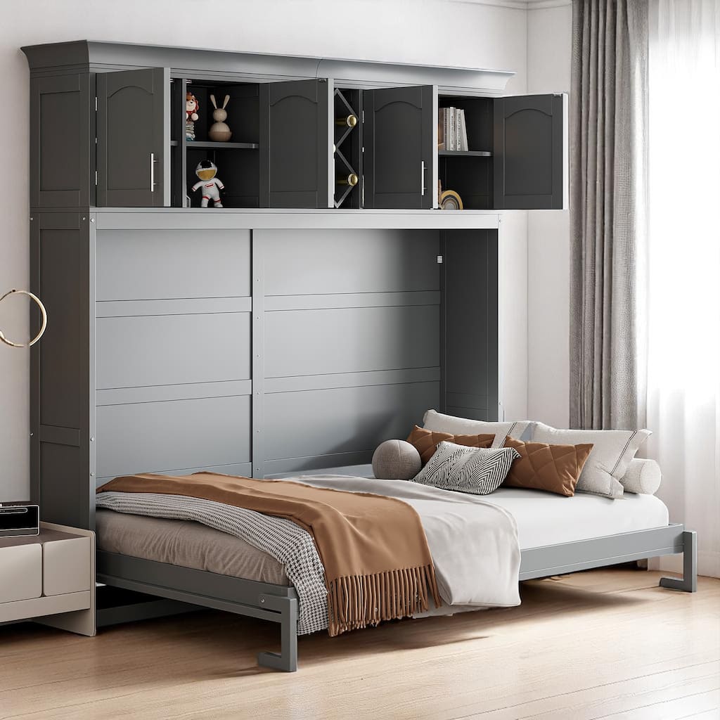 Queen Murphy Bed with Upper Cabinets and Wine Rack, Space-Saving Foldable Wall Bed with Slats
