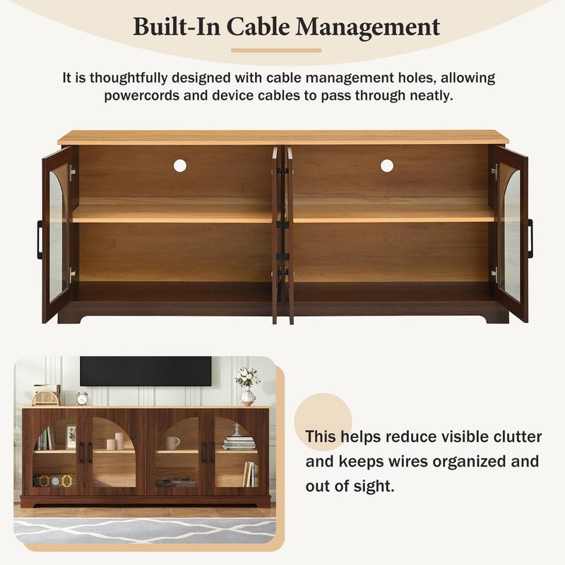 Farmhouse TV Stand for TVs up to 70" with Semi-Arched Glass Doors, Two-Tone Media Console with Adjustable Shelves