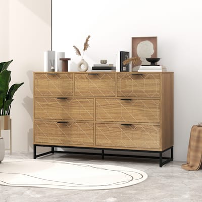 Modern 7 Drawer Dresser Wood Cabinet (Walnut), Suitable for Living Room, Entryway, Bedroom