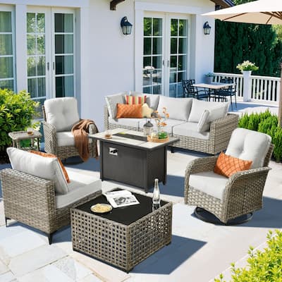 HOOOWOOO 9-piece Wicker Outdoor Patio Furniture Fire Pit Set with Swivel Chairs
